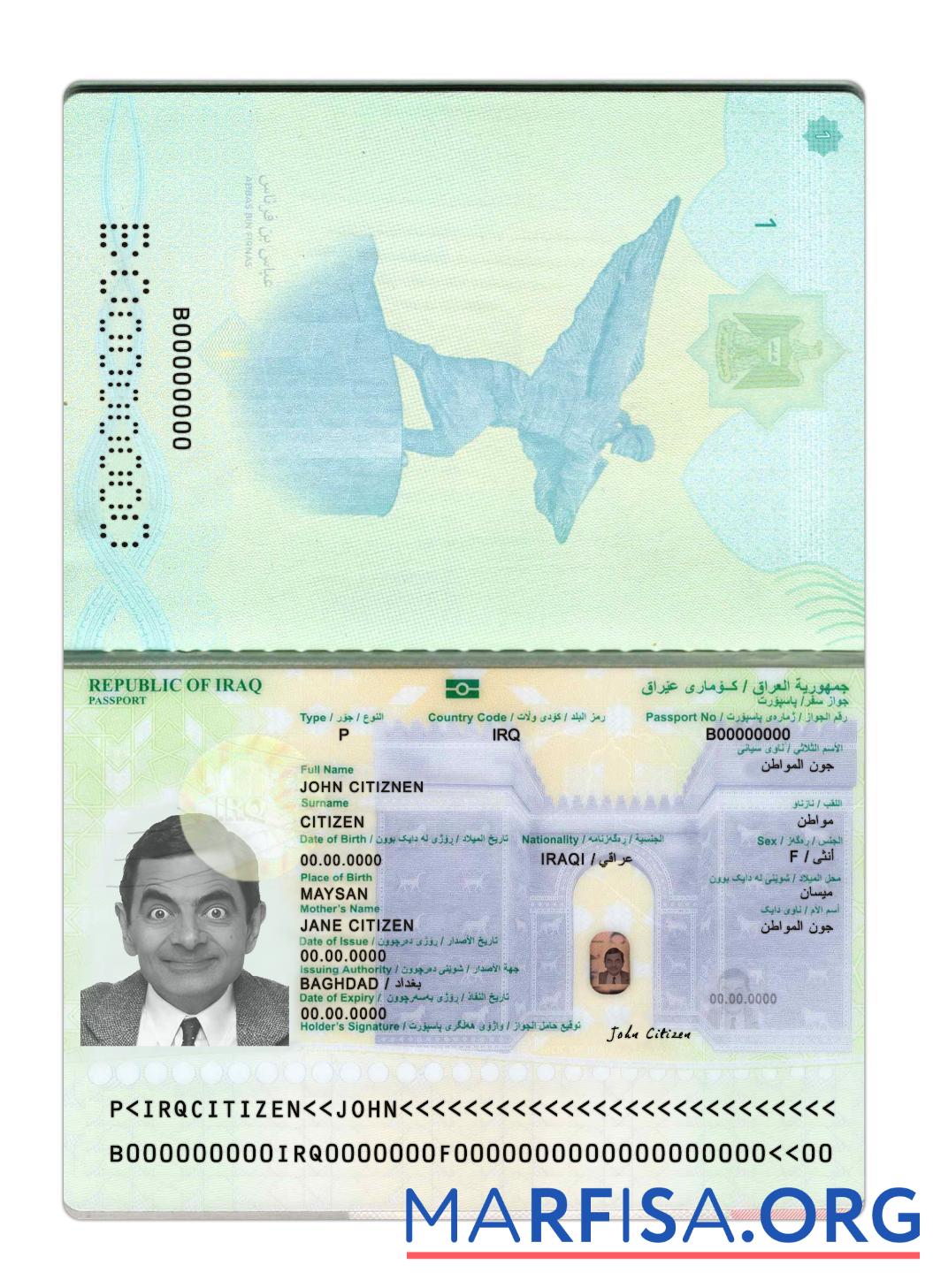 Blank Iraq passport 2024 present example